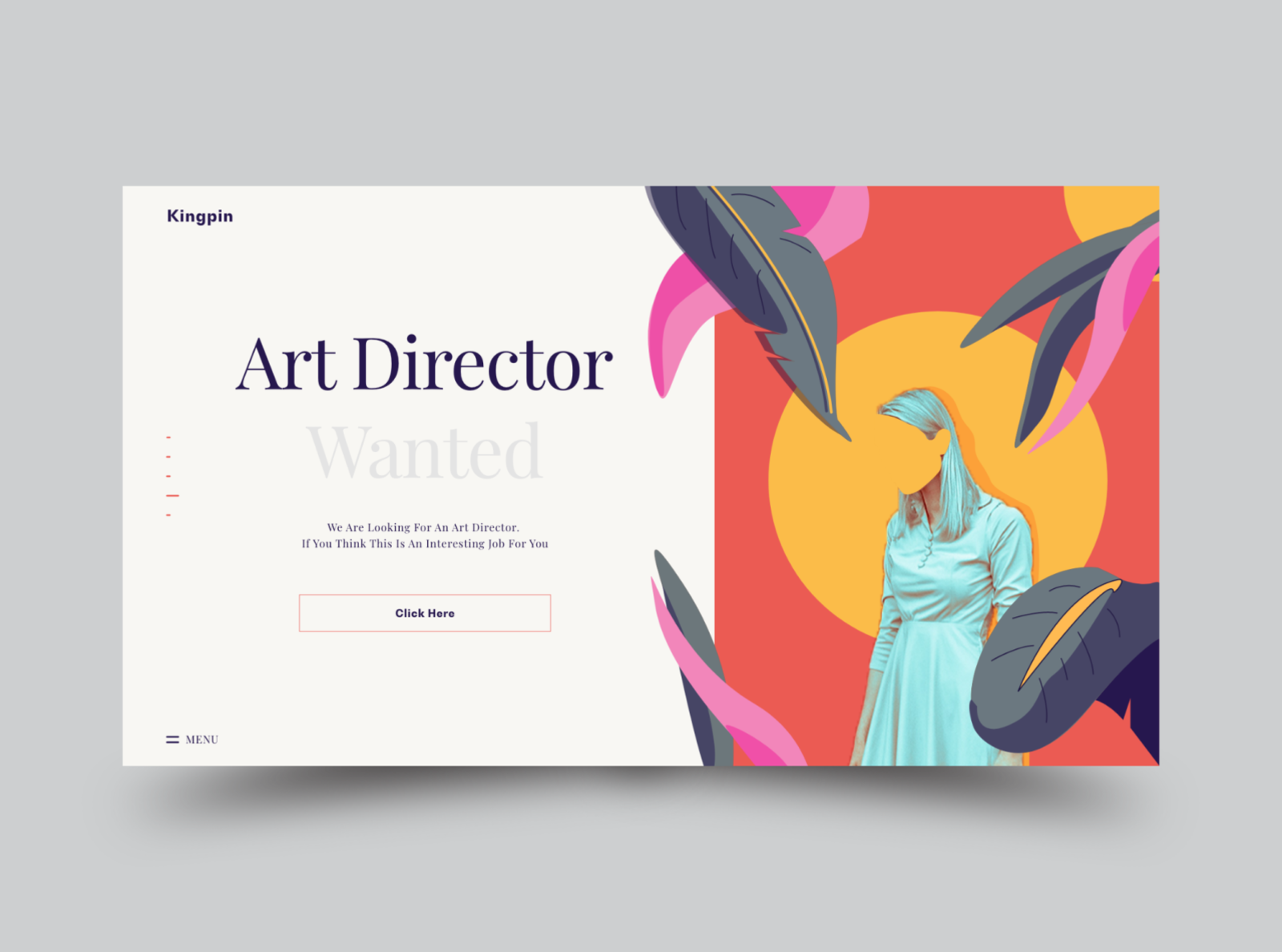 Kingpin menubar vacancies vacancy girl red yellow flowers flower job artdirector kingpin illustration vector website web typography ux ui design